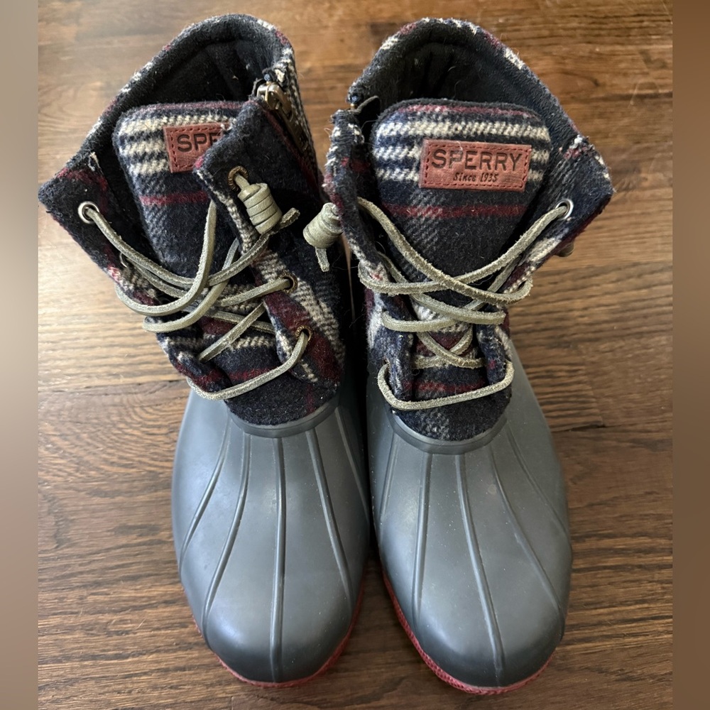 Sperry Saltwater Gray Plaid Waterproof Rubber Duck Boots